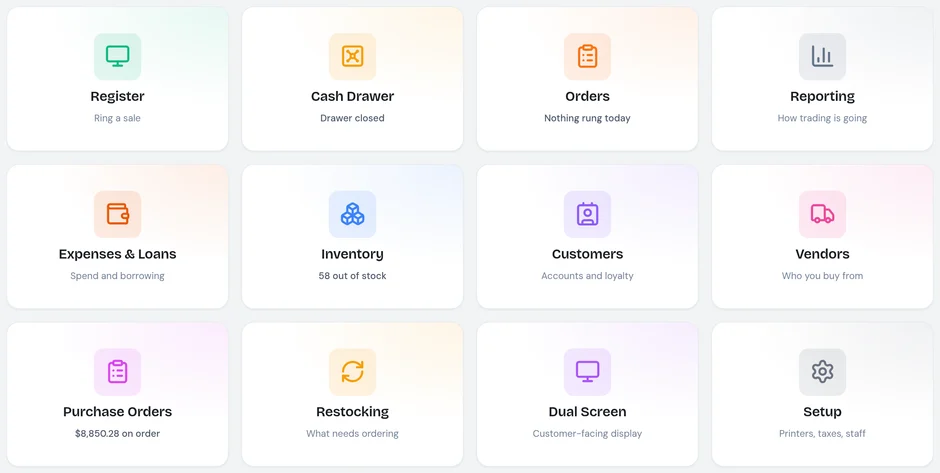 The Press1POS home screen: twelve areas, among them the register, cash drawer, orders, reporting, inventory (58 out of stock), customers, vendors, purchase orders ($8,850.28 on order), restocking, a customer-facing screen and setup.
